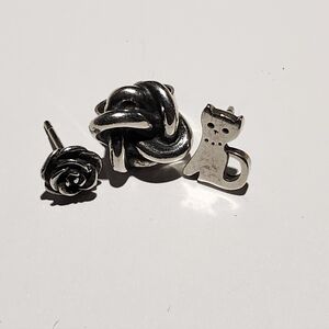 James Avery 3 Sinlgle Sterling Silver Earrings -  Rose, Love Knot, and Cat Stud